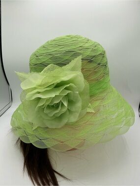 Swan Hat NY Elegant Lime Green Floral Mesh Church Hat - Women Accessories